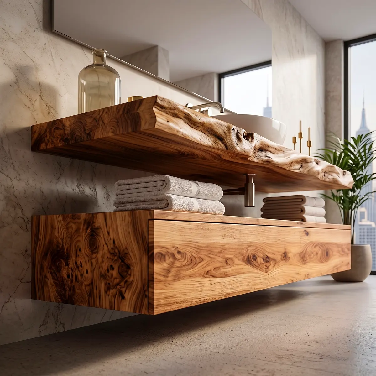 Floating Bathroom Vanity with Large Drawer & Open Shelf | Live Edge Organic Modern Design