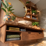 Floating Solid Wood Bathroom Vanity with Drawers & Open Shelves | Wall Mounted Bathroom Vanity with Live Edge Countertop TT006-8CNN1NN