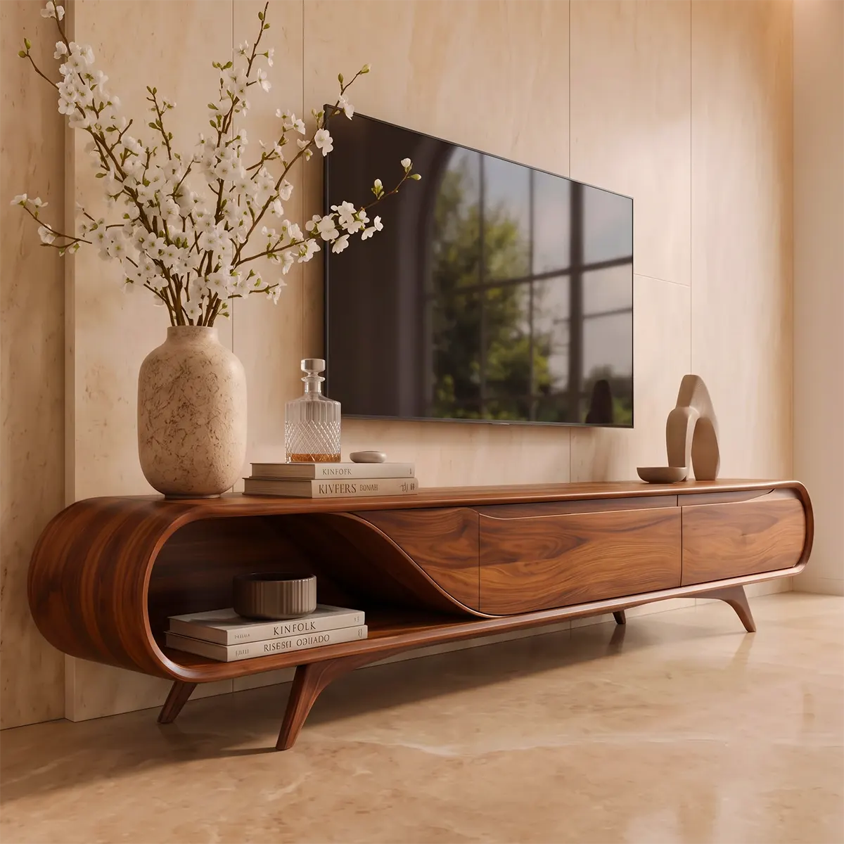 Sculptural Curved TV Stand with 2 Concealed Storage Compartments & Open Shelf | Modern Media Console
