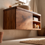 Floating Solid Wood Bathroom Vanity with Single-Door Cabinet & Open Shelves | Wall Mounted Bathroom Vanity with Fixed Storage TT006-5WWS2ST