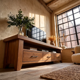 Modern TV Stand with 3 Drawers & Open Shelf | Long Low Profile Media Console