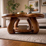 Organic Solid Wood Coffee Table with Storage Shelf | Freeform Modern Center Table TT006-7456