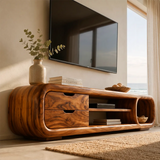 Sculptural Curved TV Stand with 2 Drawers & Open Shelves | Modern Low Profile Media Console