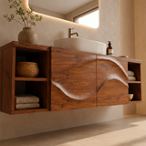 Floating Bathroom Vanity with 2 Carved Wave Doors & 4 Open Storage Compartments