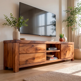 Modern TV Stand with 2 Drawers, Open Shelves & Enclosed Cabinet | Contemporary Media Console