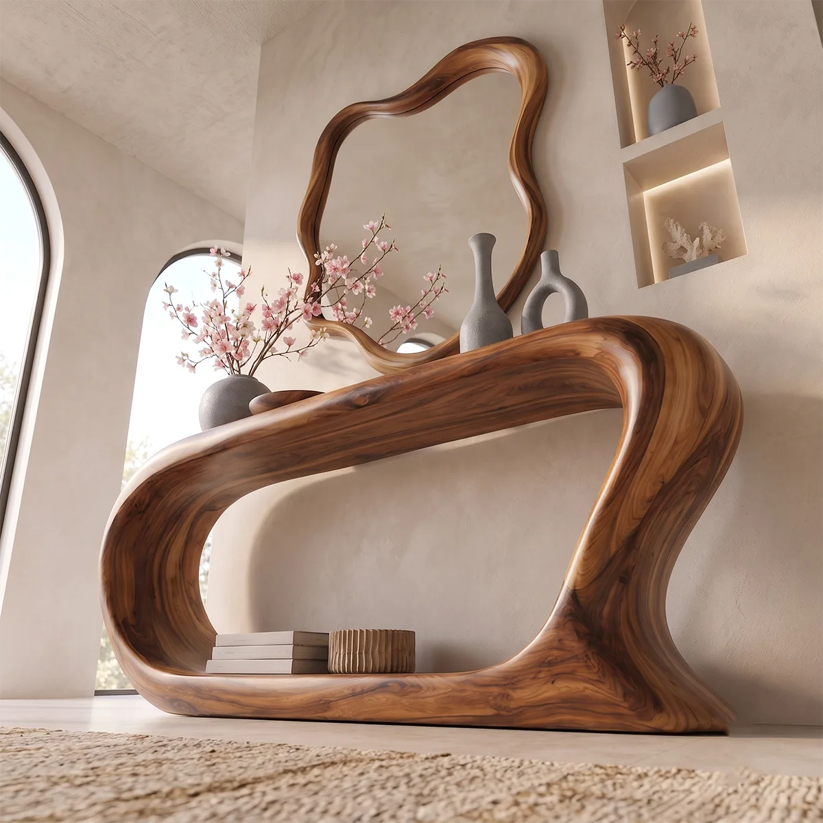Organic Modern Console Table with Open Shelf & Sculptural Curved Frame for Entryway TT006-6916