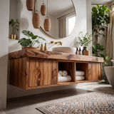 Floating Solid Wood Bathroom Vanity | Modern Bathroom Vanity with Side Cabinets and Open Shelves TT006-6ICG7SP