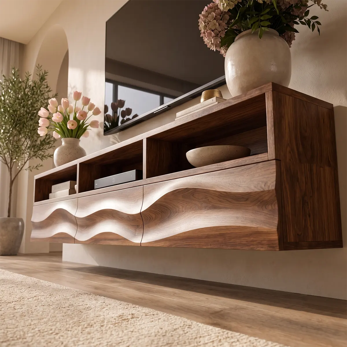Floating TV Stand with Open Shelving & Three Drawers | Organic Modern Media Console TT006-5IOW6DK