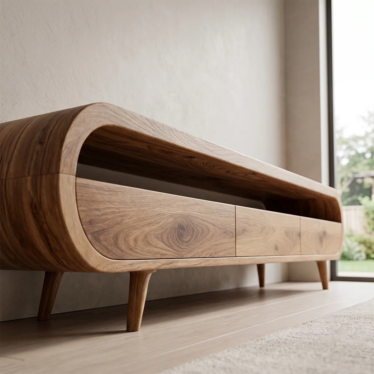 Modern Organic TV Stand with Open Shelf | Three Drawer Media Console TT006-6OAK3NB