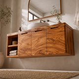 Floating Solid Wood Bathroom Vanity with Open Shelves & Hinged Cabinets | Wall Mounted Bathroom Vanity with Double-Door Storage TT006-4CCT8FL