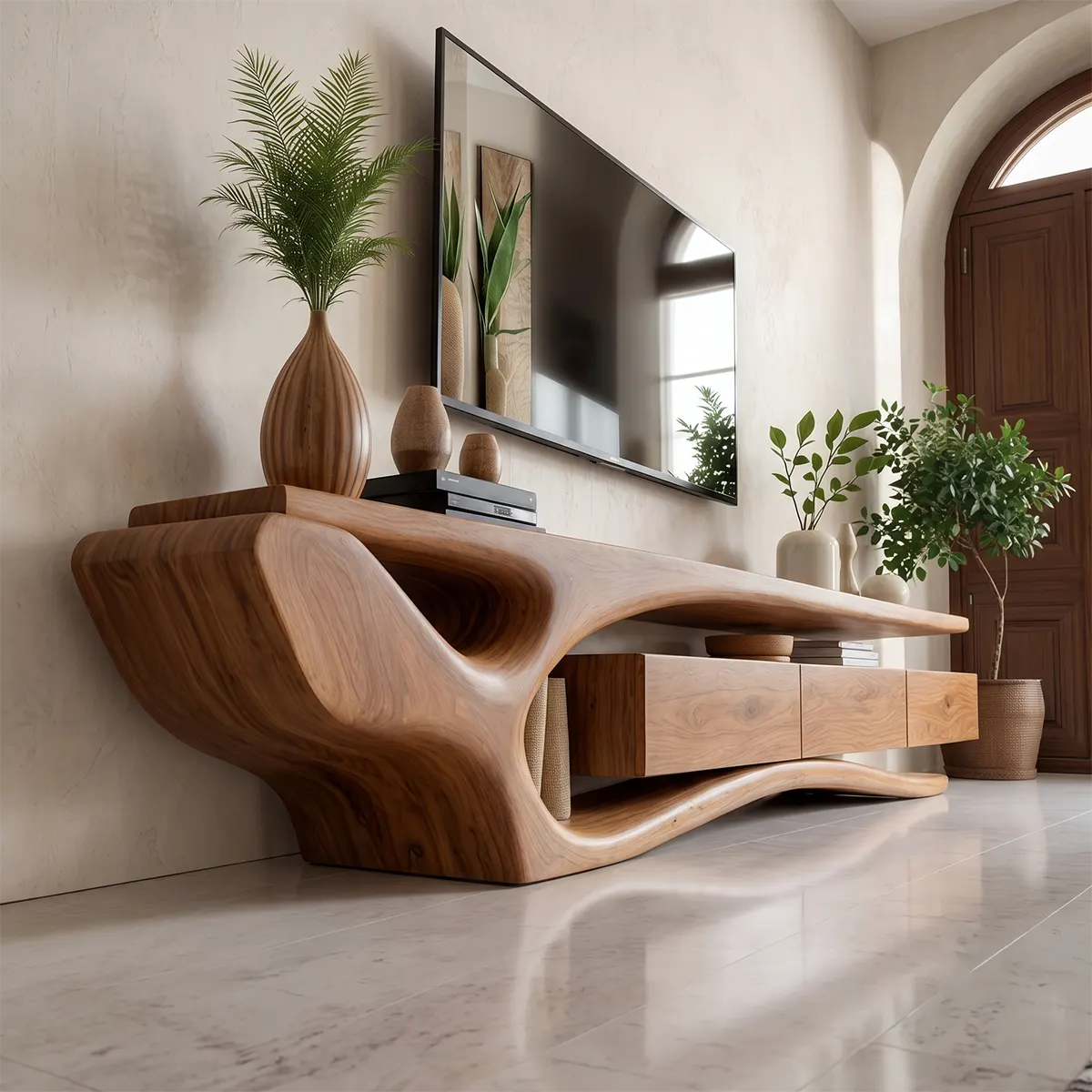 Modern Organic TV Stand with Sculptural Wave Frame & Three Drawer Storage TT006-9XJR2WM