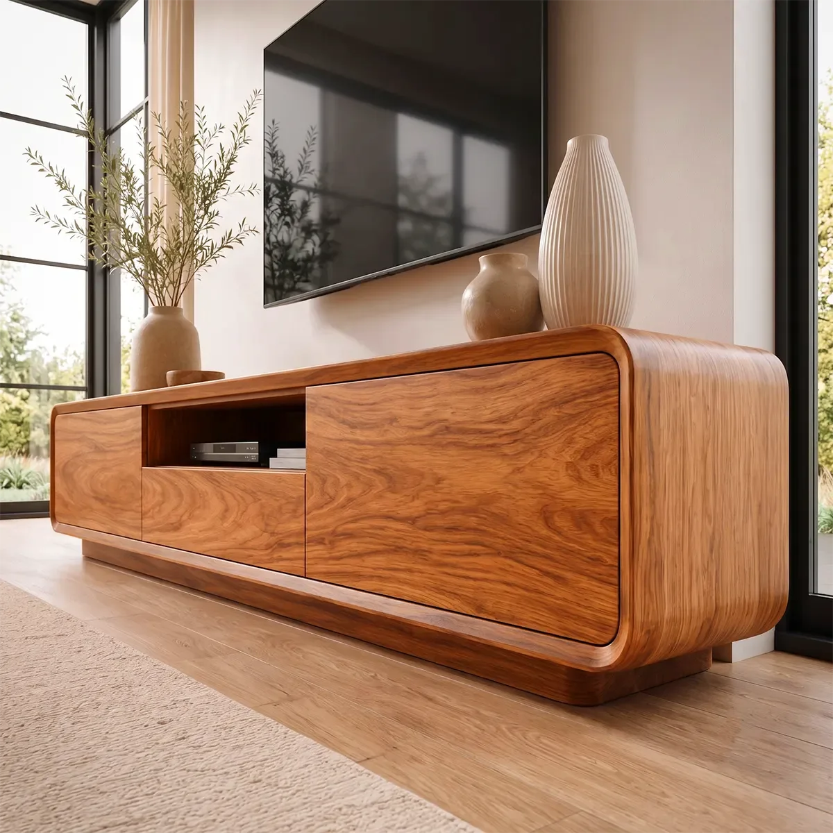 Modern Curved TV Stand with Drawer, Cabinet & Open Shelf | Low Profile Media Console