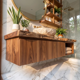 Floating Solid Wood Bathroom Vanity with Double-Door Cabinet & Open Shelf | Wall Mounted Live Edge Bathroom Vanity TT006-4KRU4XR