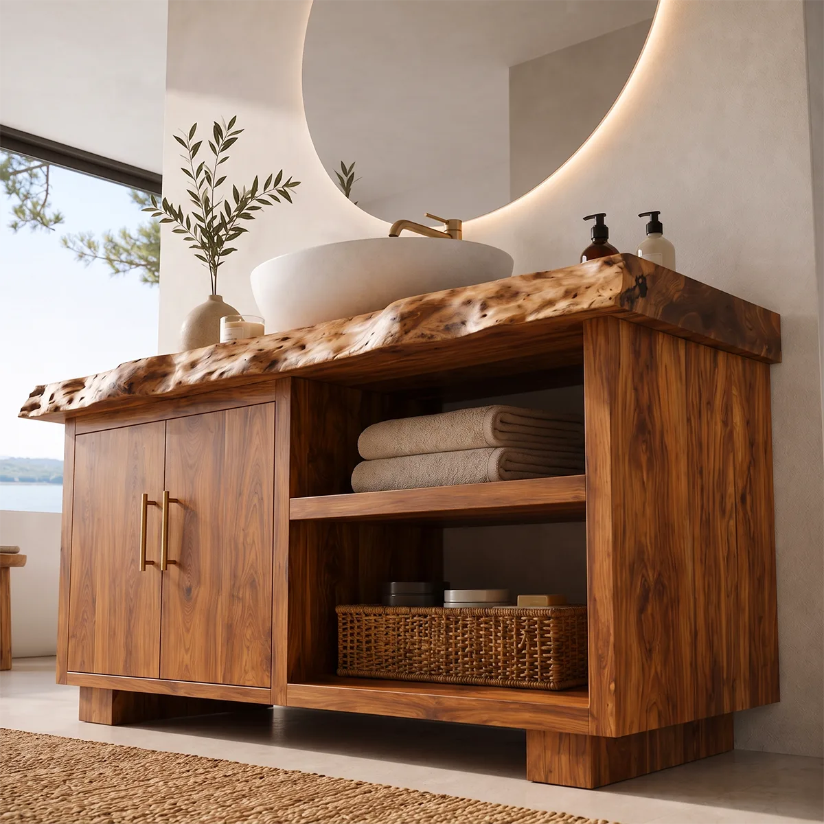 Freestanding Bathroom Vanity with 2 Doors & Open Shelves | Live Edge Vanity Cabinet with Storage