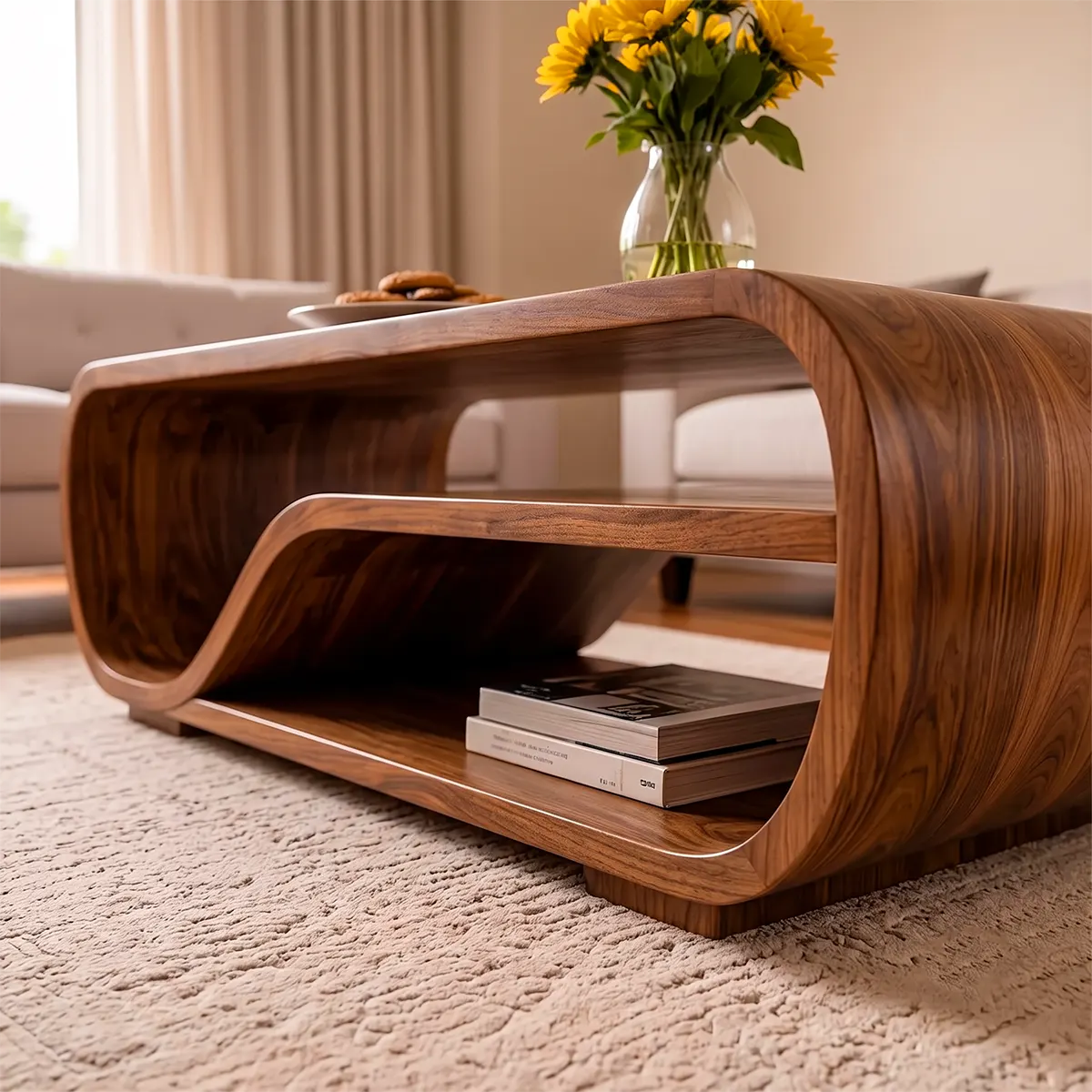 Curved Solid Wood Coffee Table with Storage | Modern Sculptural Living Room Center Table TT006-2757