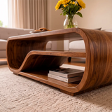 Curved Solid Wood Coffee Table with Storage | Modern Sculptural Living Room Center Table TT006-2757