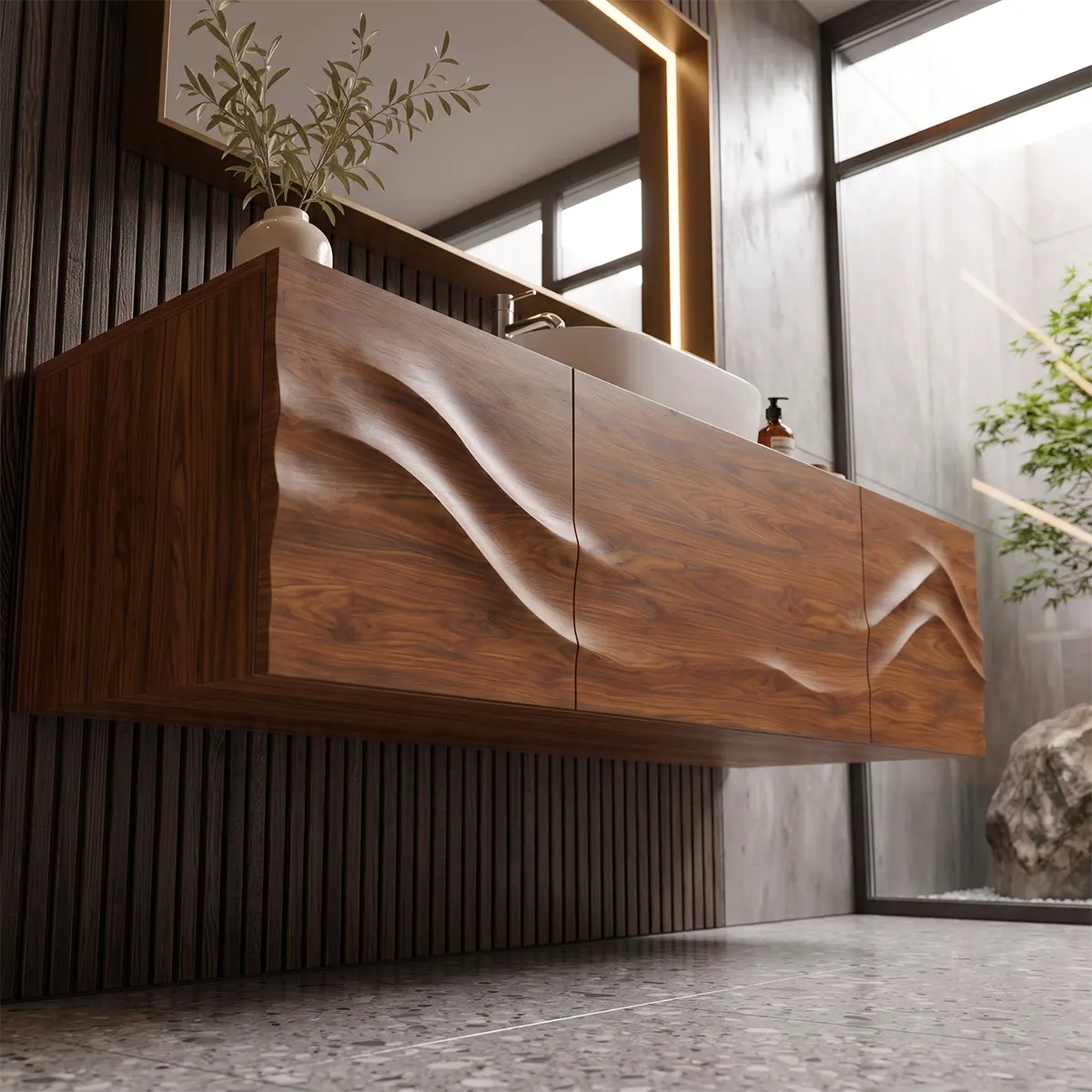 Floating Bathroom Vanity with 3 Doors | Sculpted Wave Front & Handleless Design