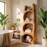 Tall Bathroom Storage Cabinet with Open Compartments & Top Shelf | Sculptural Organic Design