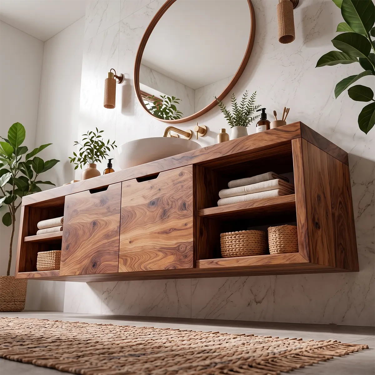 Floating Solid Wood Bathroom Vanity | Wall Mounted Single Sink Vanity with Double-Door Cabinet & Open Shelves TT006-9KLL6LF