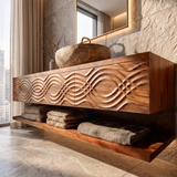 Floating Bathroom Vanity with 3 Drawers & Open Shelf | Carved Wave Front Modern Design