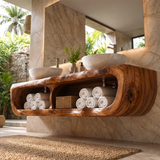 Floating Double Bathroom Vanity with Open Storage Compartments | Sculptural Organic Modern Design