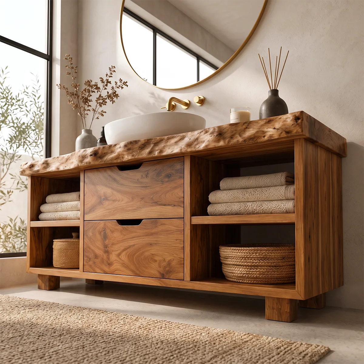 Freestanding Bathroom Vanity with Drawers & Open Shelves | Live Edge Wood Vanity Cabinet