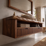 Floating Solid Wood Bathroom Vanity | Live Edge Bathroom Vanity with Fluted Drawers and Open Shelf TT006-8ZMT8QZ