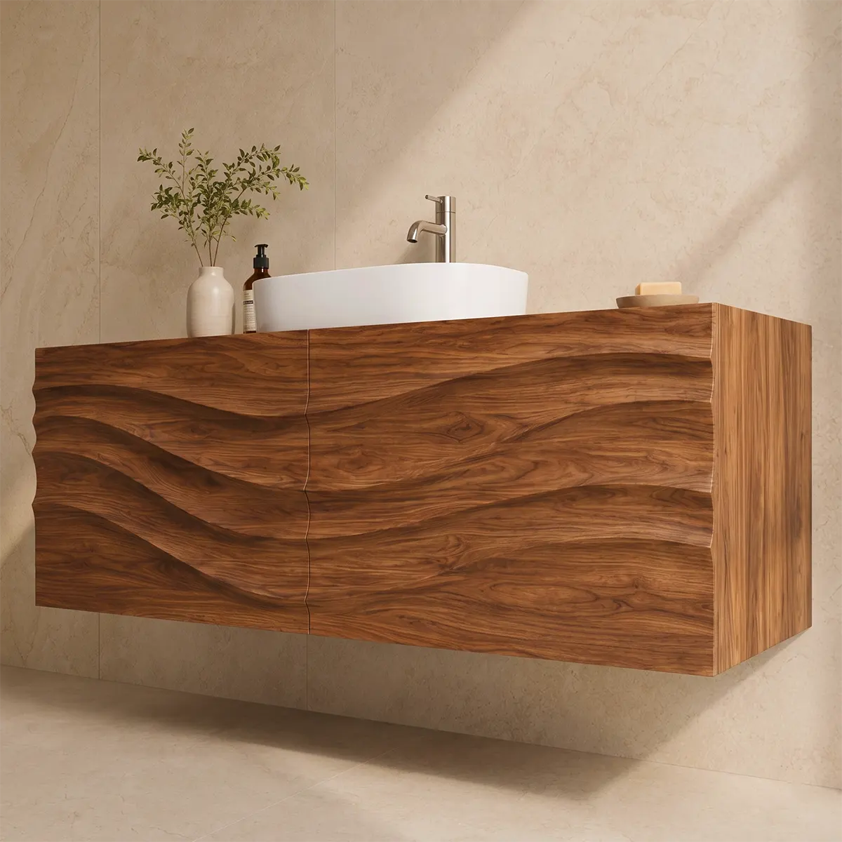 Floating Bathroom Vanity with 2 Doors | Carved Wave Front Wall Mounted Vanity Cabinet