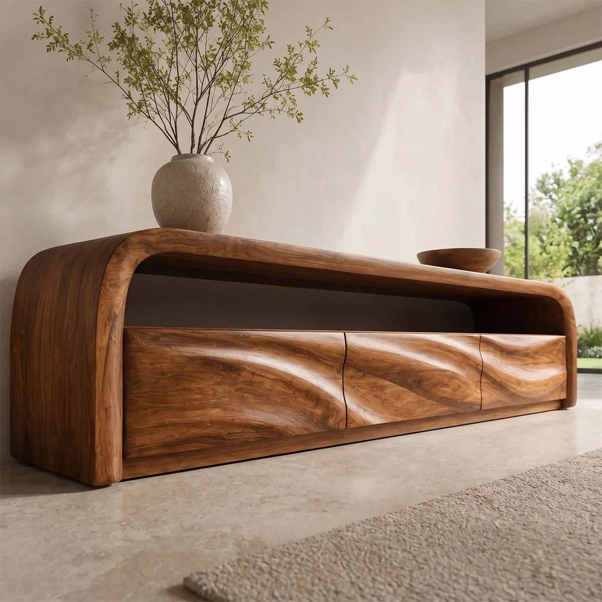 Modern Organic TV Stand with Sculpted Cabinets | Open Media Console TT006-8LGO4IB