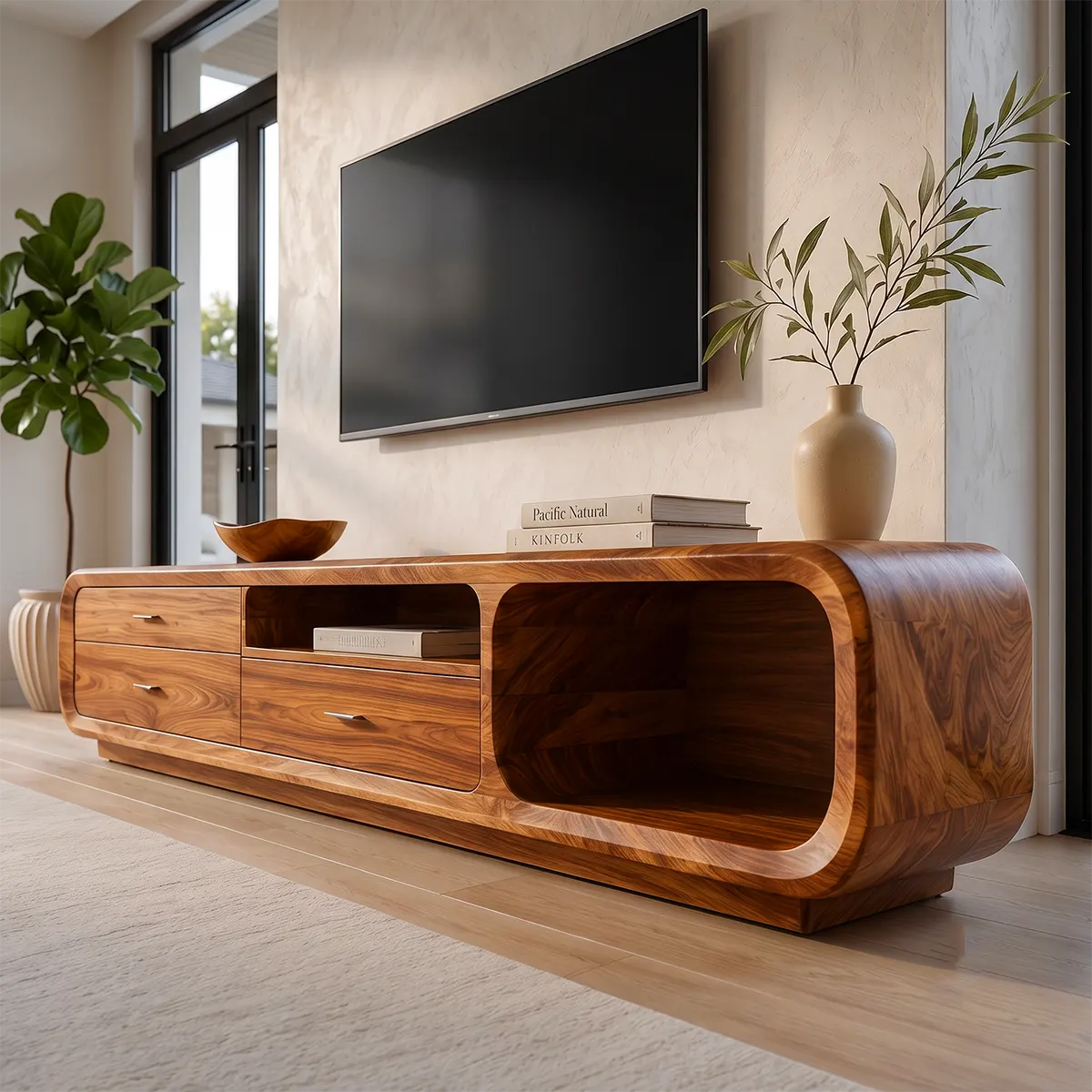 Modern Curved TV Stand with 3 Drawers & Open Media Storage | Sculptural Low Profile Entertainment Console