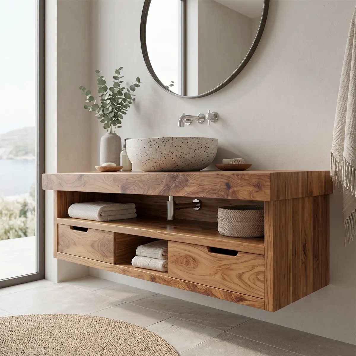 Floating Solid Wood Bathroom Vanity | Modern Bathroom Vanity with Double Drawers and Open Shelf TT006-4876
