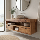 Floating Solid Wood Bathroom Vanity | Modern Bathroom Vanity with Double Drawers and Open Shelf TT006-4876