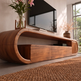 Modern TV Stand with 3 Drawers, Open Shelf & Fluted Cabinet | Curved Media Console