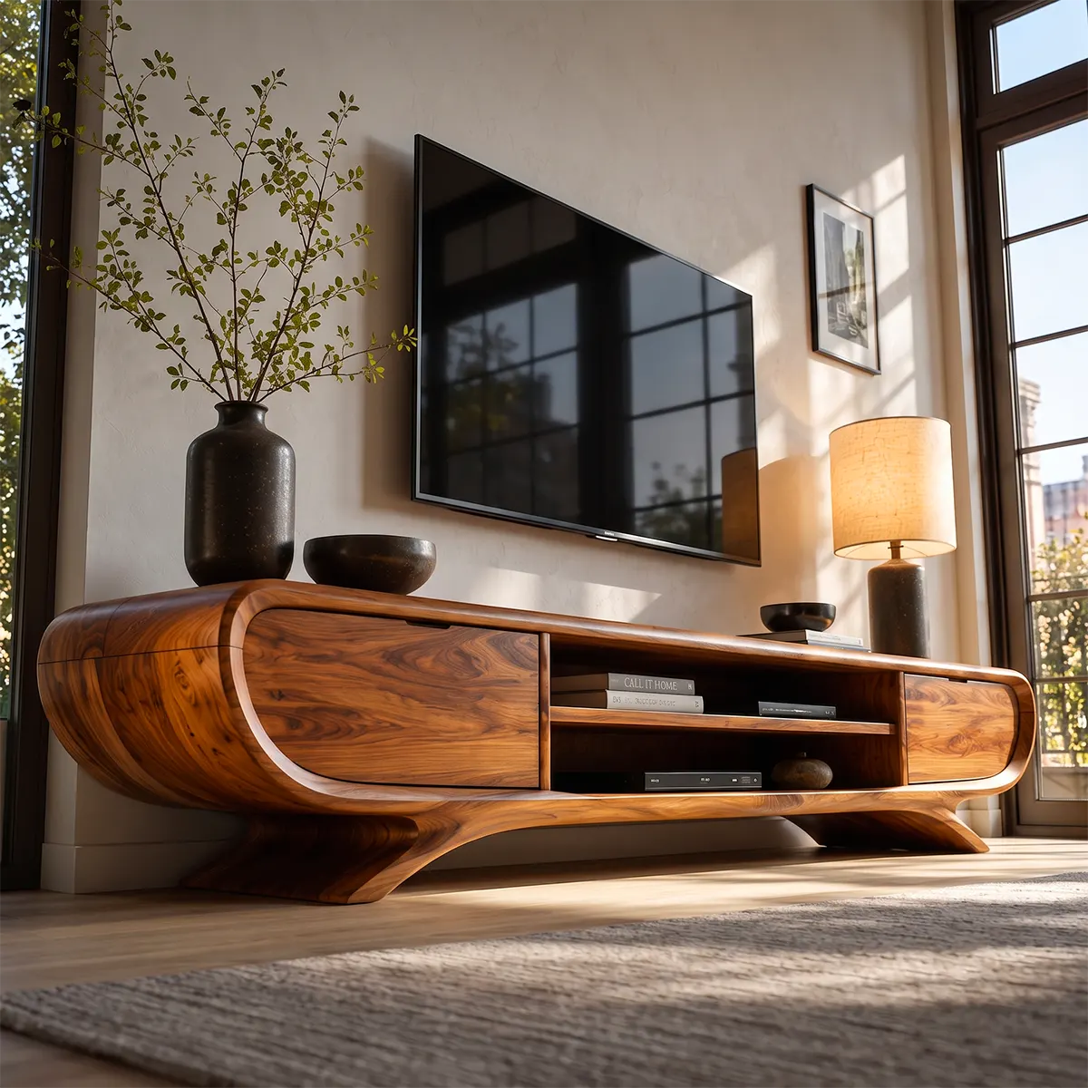 Sculptural Curved TV Stand with Open Media Shelves & Concealed Storage | Modern Entertainment Console