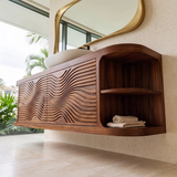 Floating Solid Wood Bathroom Vanity with Double-Door Cabinet & Open Shelves | Wall Mounted Bathroom Vanity with Wave Carved Doors TT006-3MZX2XI