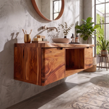 Floating Solid Wood Bathroom Vanity | Live Edge Bathroom Vanity with Double Door Storage and Open Shelf TT006-5OZQ9AW