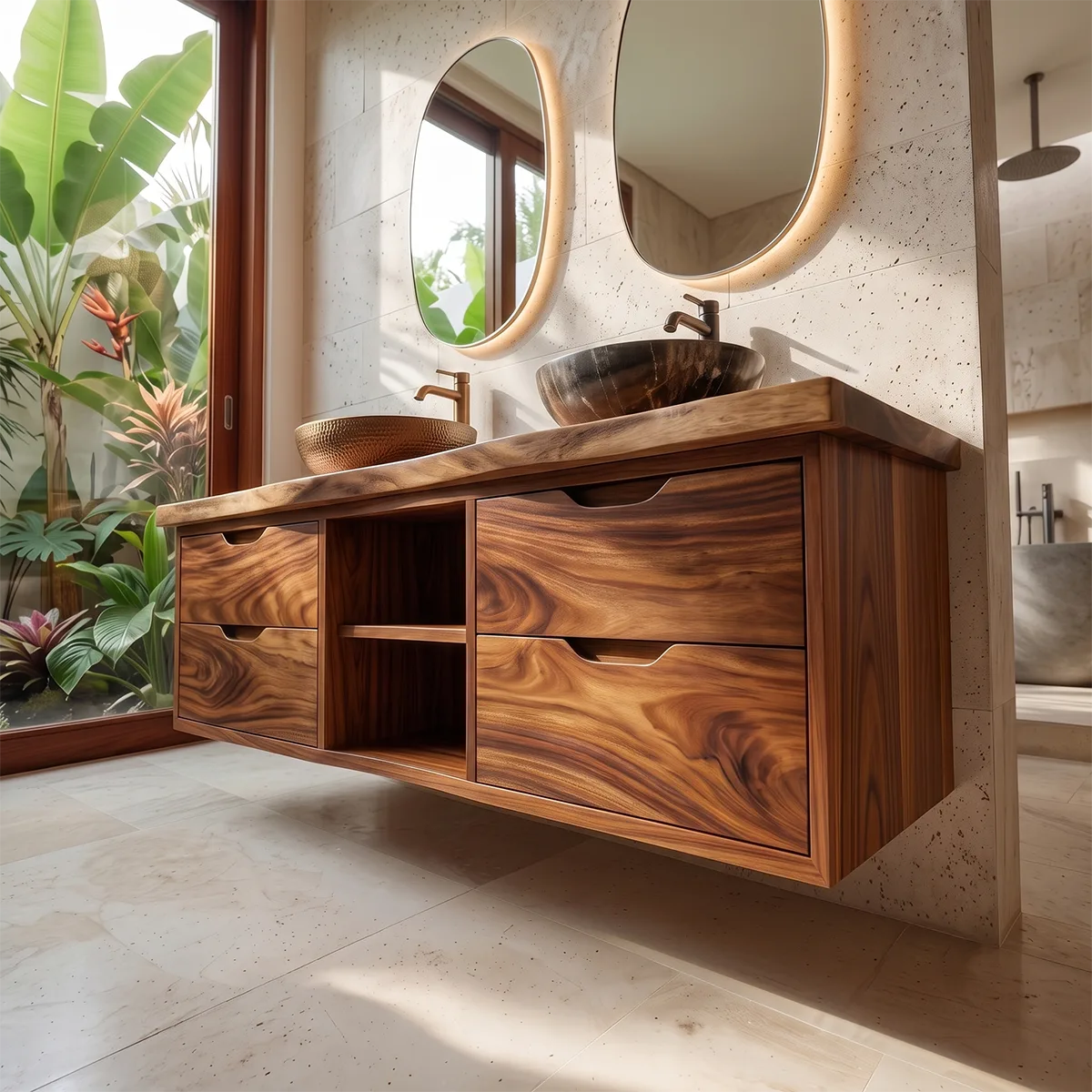 Double Sink Floating Solid Wood Bathroom Vanity | Modern Bathroom Vanity with Four Drawers and Open Shelves TT006-9FKJ3AR