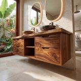 Double Sink Floating Solid Wood Bathroom Vanity | Modern Bathroom Vanity with Four Drawers and Open Shelves TT006-9FKJ3AR