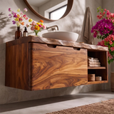 Floating Solid Wood Bathroom Vanity | Wall Mounted Single Sink Vanity with Double-Door Cabinet & Open Side Shelves TT006-8RLE6IL