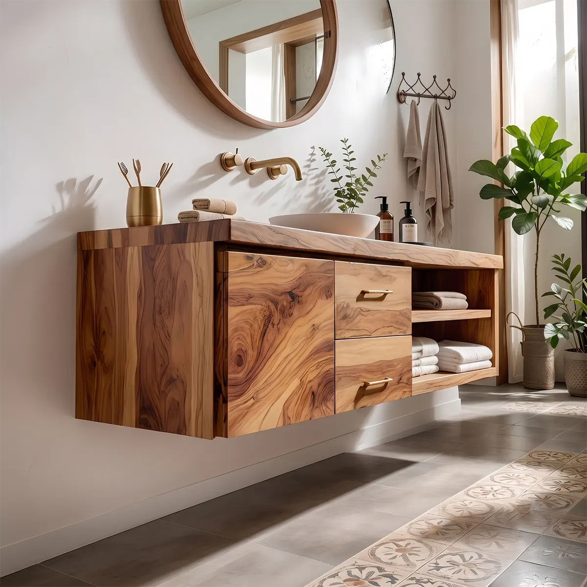 Floating Solid Wood Bathroom Vanity | Live Edge Wood Vanity with Soft-Close Drawers & Open Shelves TT006-1WVD8ID