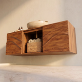 Floating Bathroom Vanity with 2 Sculpted Wave Doors & Center Open Storage Compartment