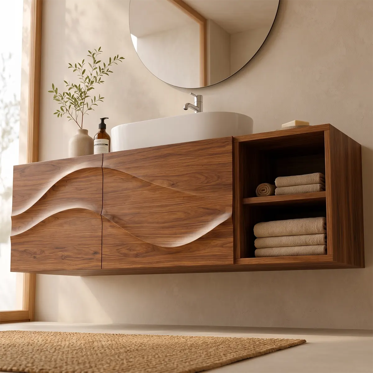 Floating Bathroom Vanity with 2 Doors | Carved Wave Front & Open Storage Shelves