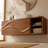 Floating Bathroom Vanity with 2 Doors | Carved Wave Front & Open Storage Shelves