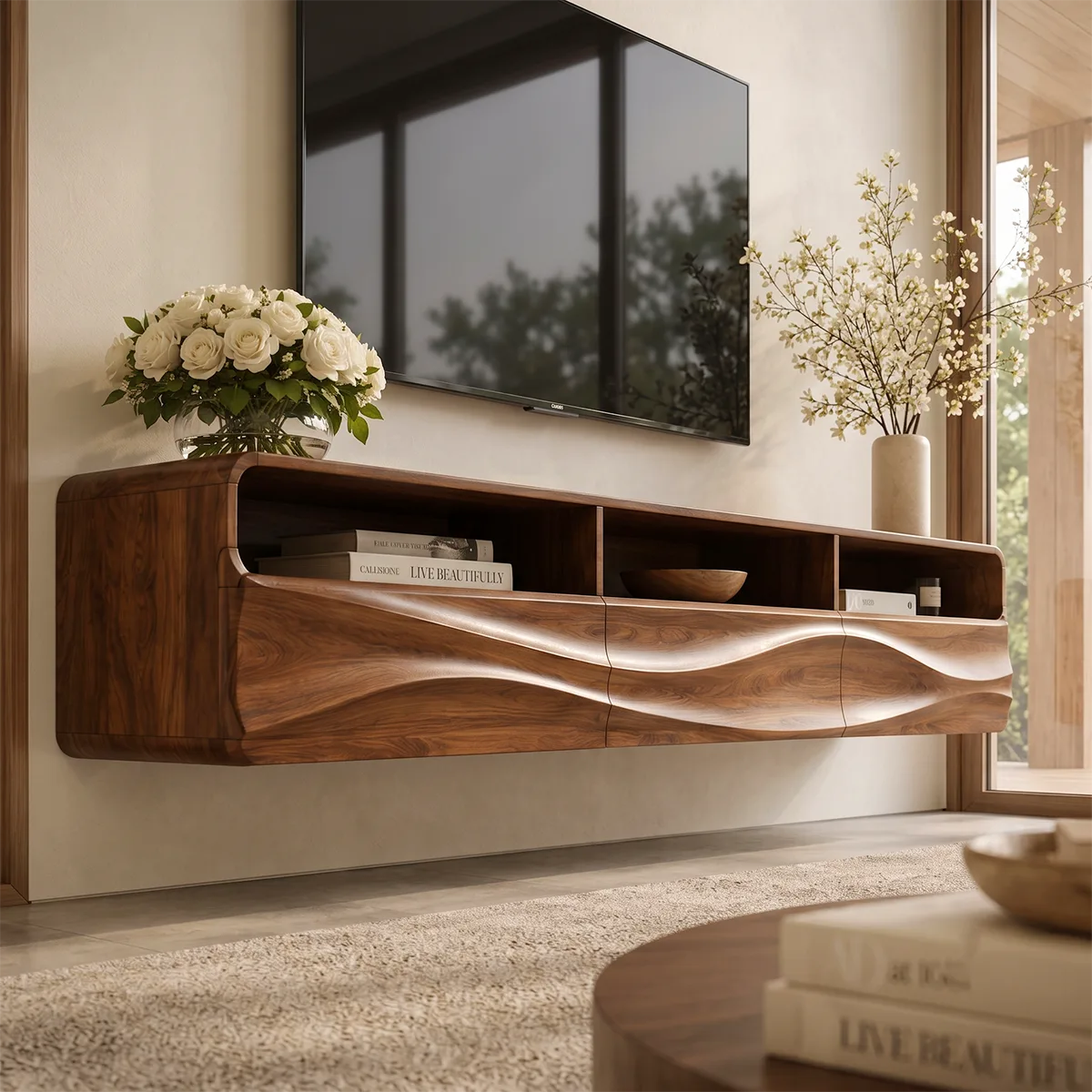 Floating TV Stand with Open Shelving & Three Drawers | Organic Modern TV Console TT006-5STK9KO