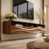 Floating TV Stand with Open Shelving & Three Drawers | Organic Modern TV Console TT006-5STK9KO