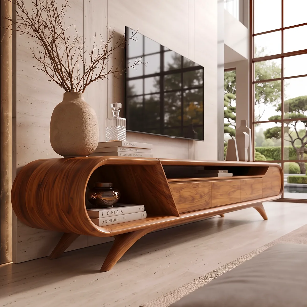 Modern Curved TV Stand with 3 Drawers & Open Storage Areas | Sculptural Media Console