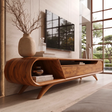Modern Curved TV Stand with 3 Drawers & Open Storage Areas | Sculptural Media Console