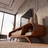 Modern Curved TV Stand with 3 Drawers & 3 Open Storage Areas | Sculptural Media Console
