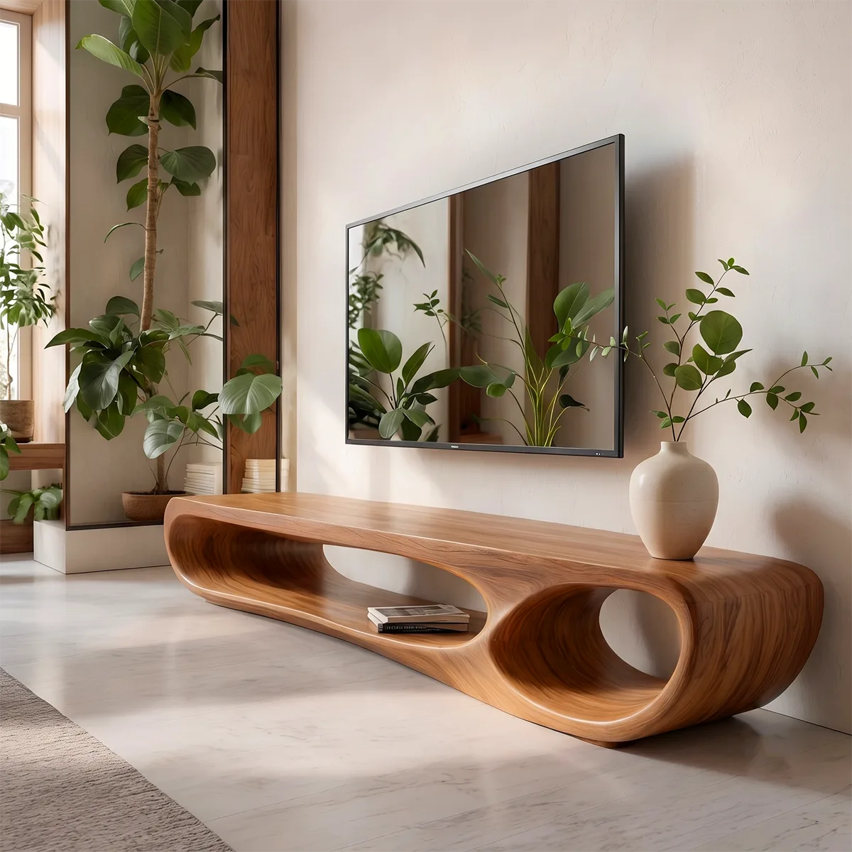 Modern Sculptural TV Stand with Open Display Shelves | Organic Media Console TT006-2SJT8FS
