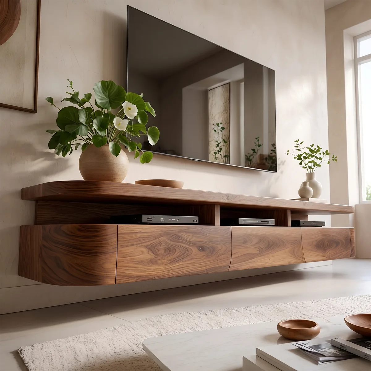 Modern Floating TV Stand with Open Media Shelf & Three Storage Drawers TT006-2WVU2VZ